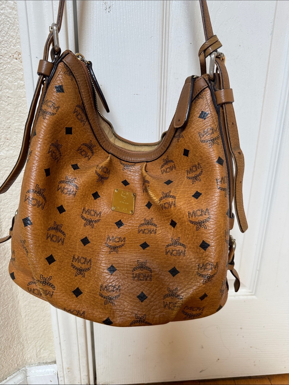 MCM Cognac Logo Visetos Shoulder Bag with Gold Plaque